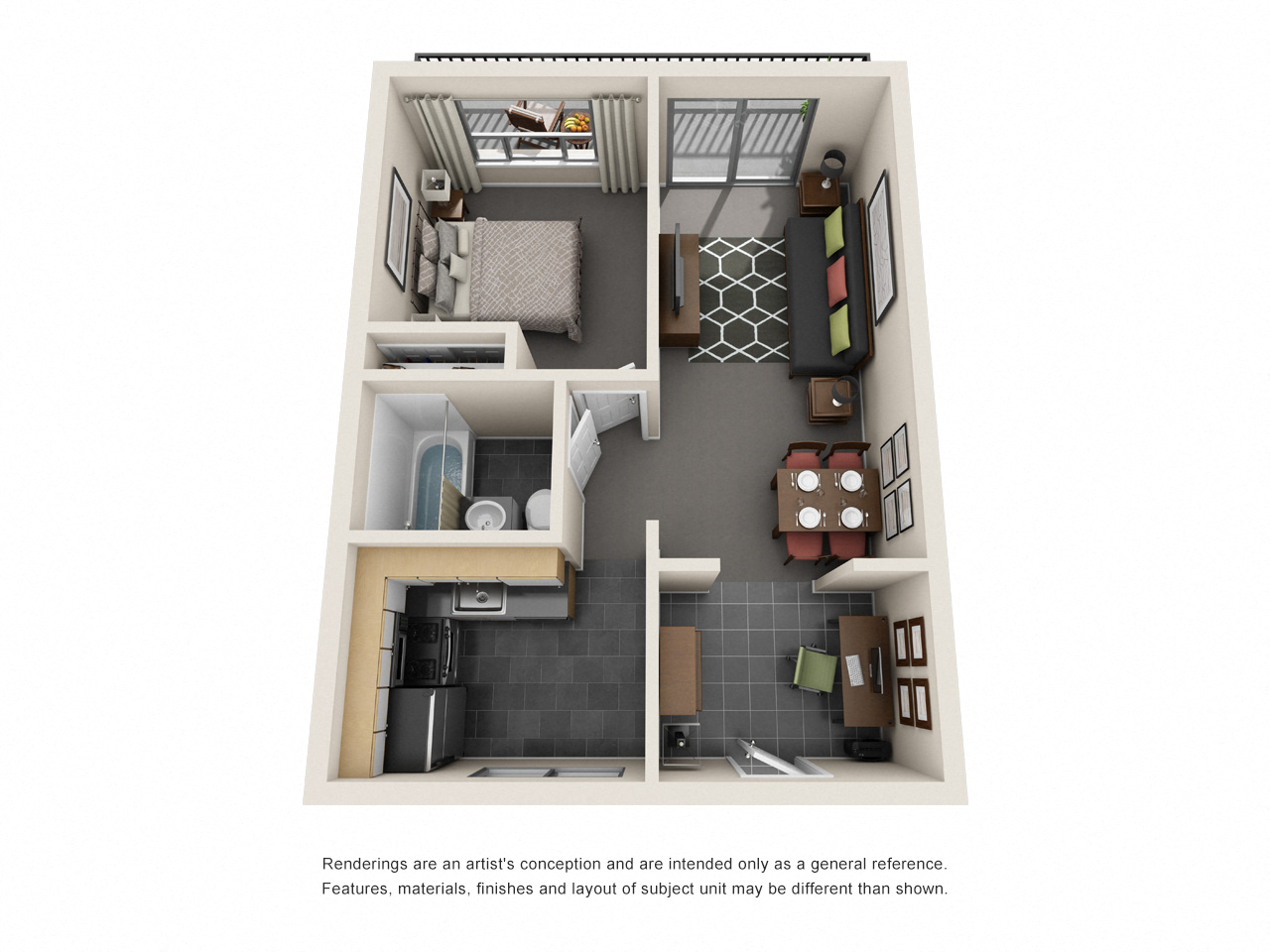 Floor plan for 1 bed, 1 bath, 600 sqft